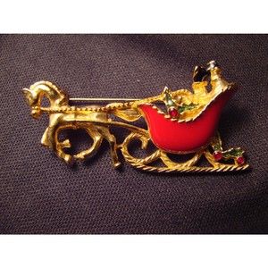 Vintage Enamel and Gold Metal Horse Drawn Sleigh Pin Brooch